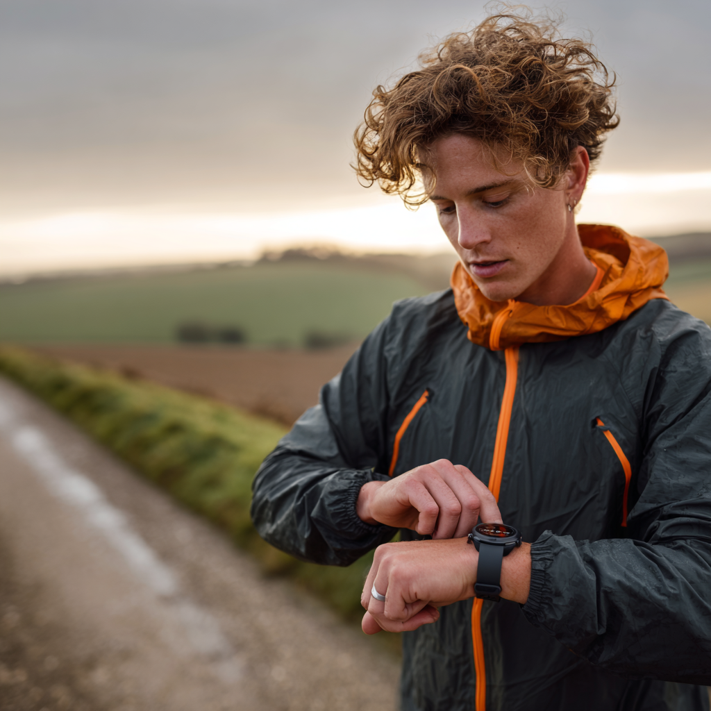 Runner checking their watch during a training run on a countryside path at sunset.