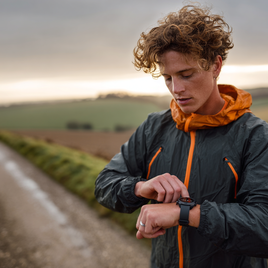 Runner checking their watch during a training run on a countryside path at sunset.