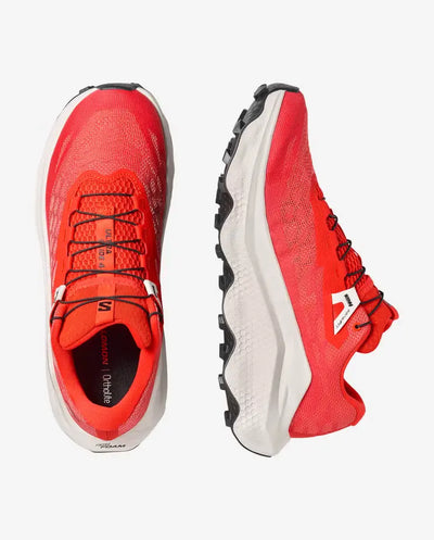 Red running shoes with white soles on a white background