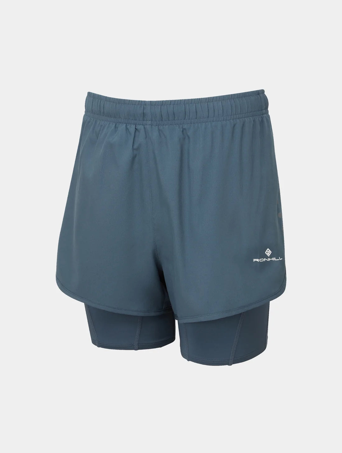Blue athletic shorts with a brand logo on a light gray background