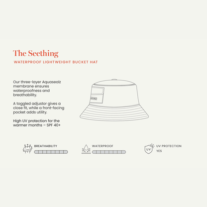 Bucket hat with features and specifications on a white background